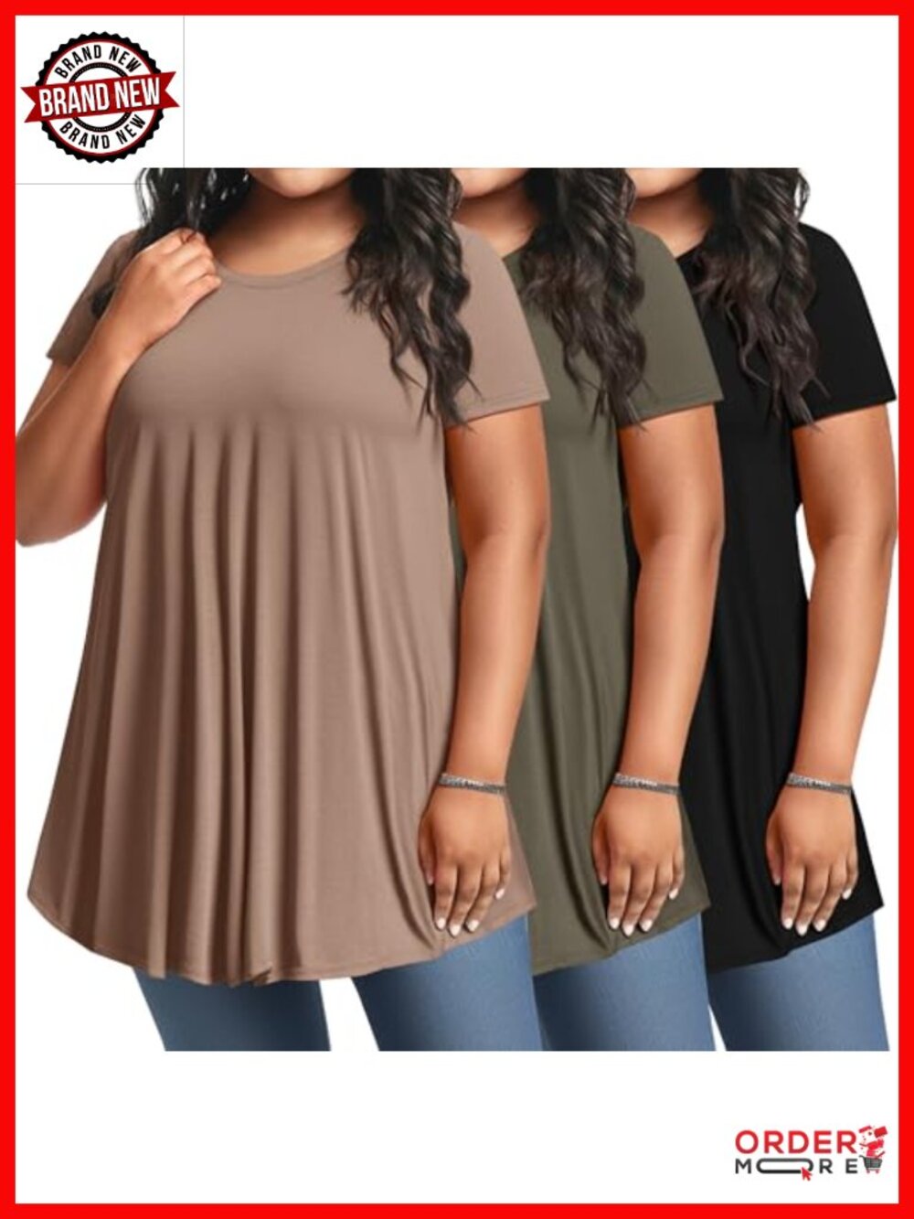 3 Pack Plus Size Tunic Top Short Sleeve Loose Fit Flowy Blouse